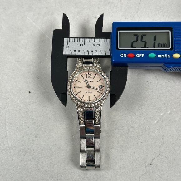 Fossil Watch Womens 25mm Pave Bezel Date Silver Tone 6" Quartz New Battery - Picture 11 of 12